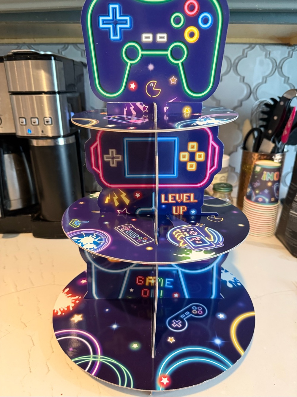 Video Game party decor/ 3-Tier Display Stand (unused) - streamers/banner/cupcake